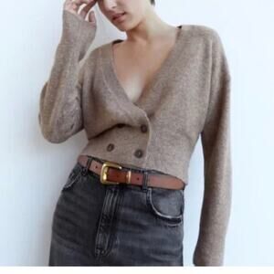 New Zara Brown Double Breasted Buttoned Knit Cardigan Sweater Shorts Set medium